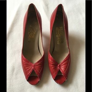 Vintage Salvatore Ferragamo red peep toe heels